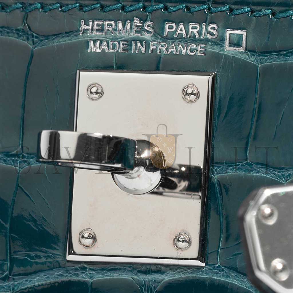 HERMÈS MASTER KELLY MINI II SILVER BUCKLE SHINY CROCODILE BOSPHORUS GREEN (19*12*5.5cm) 